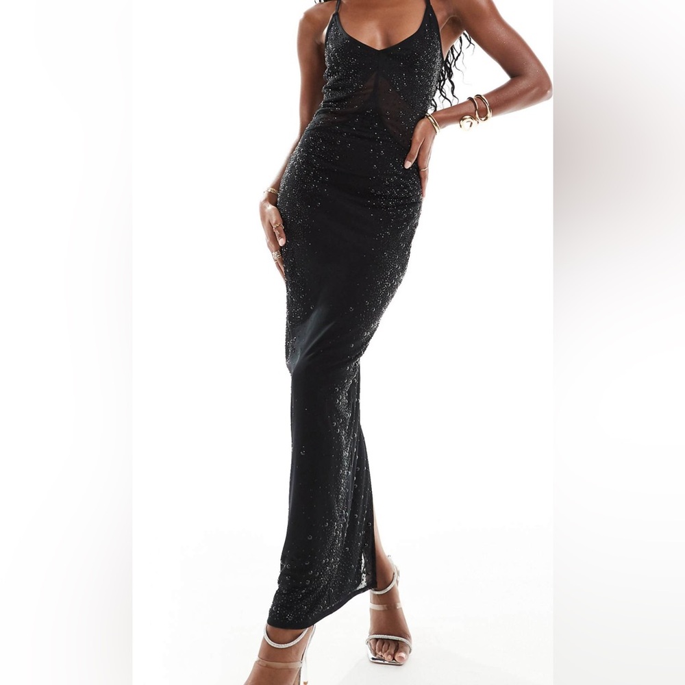 ASOS Design sculpted contour mesh all over embellishment cami maxi dress